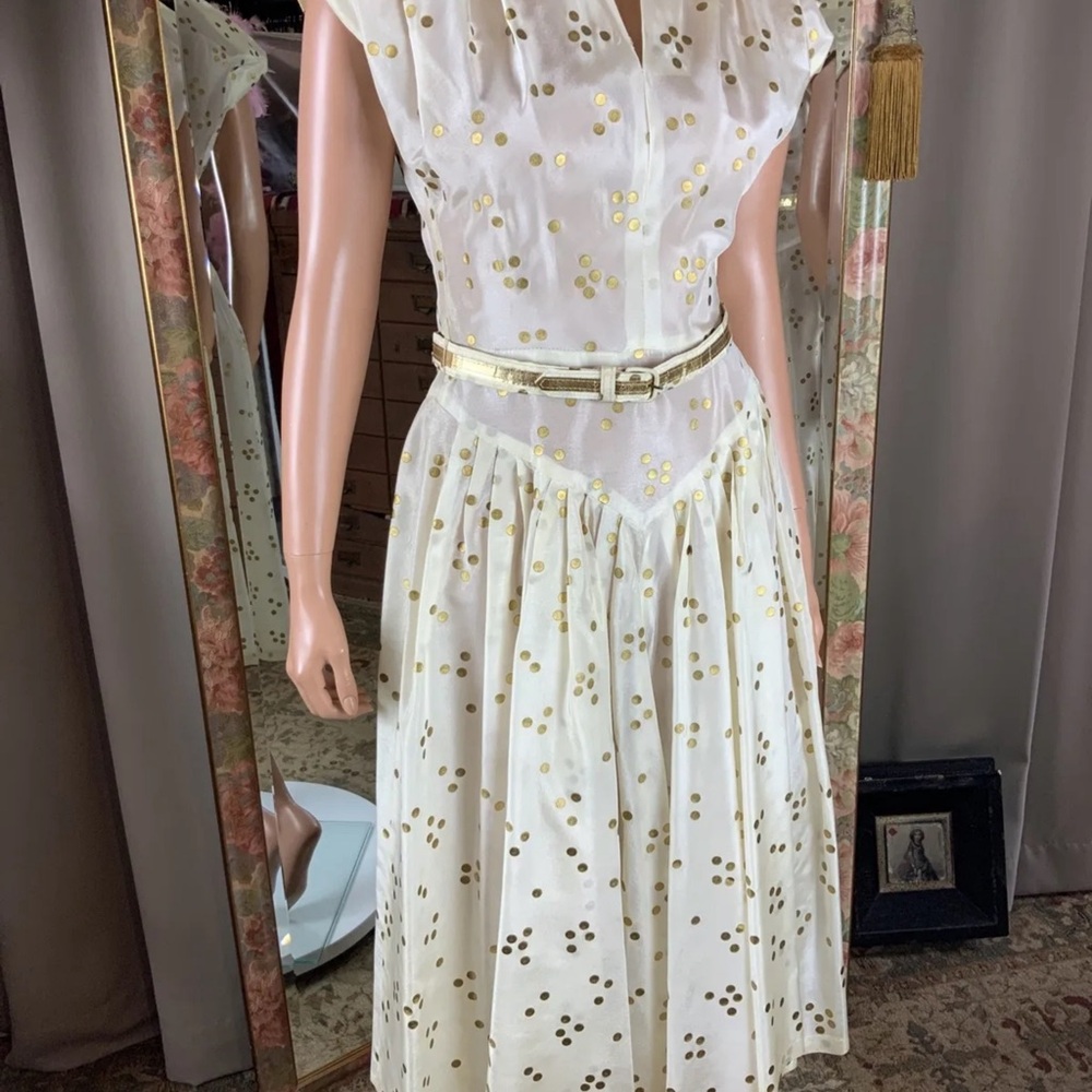 Vintage 1950s Sheer Organza Ivory Gold Painted Circles Cocktail Dress Sz 4/6